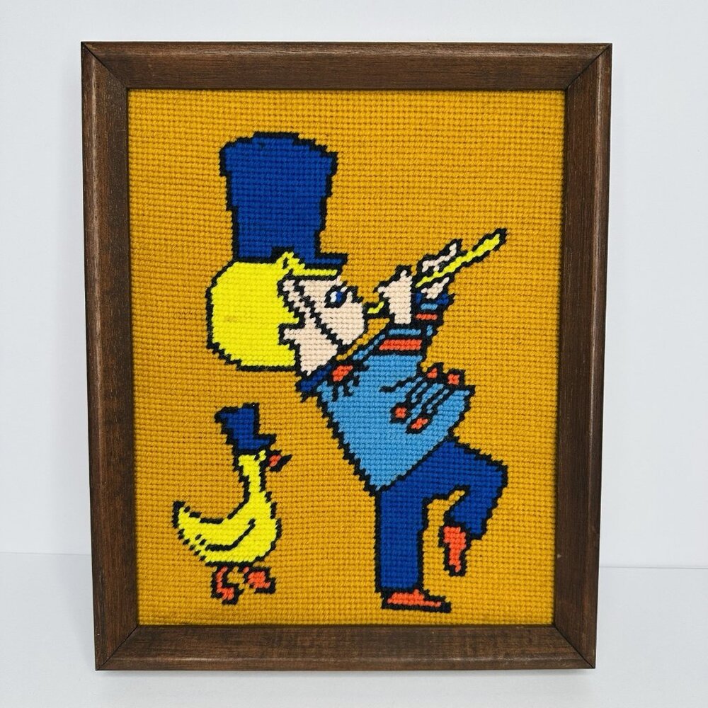 1977 Needlepoint Boy Marching Band Flute Fife Soldier Uniform Duck Framed